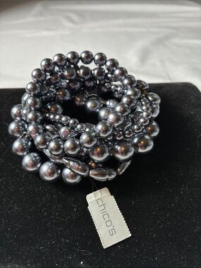 Chico’s Perlinna Gray Faux Pearl Multi Strand Stretch Bracelet NWT Statement